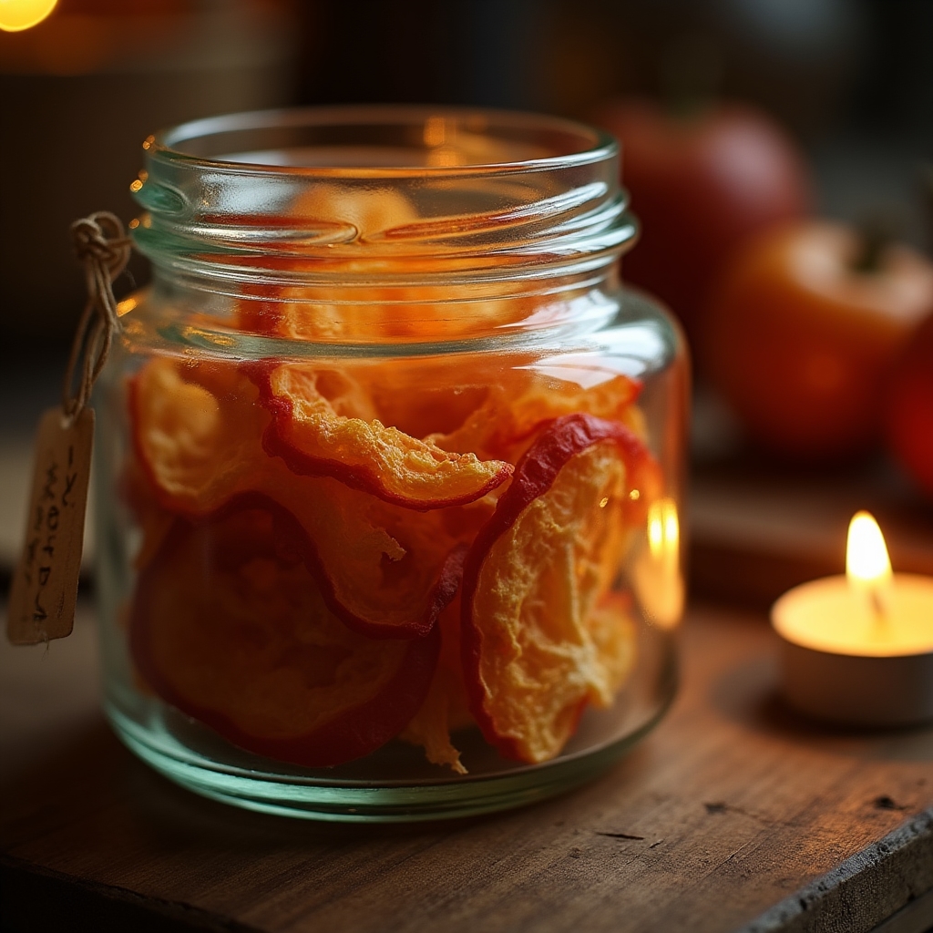 Detalle de fruta deshidratada dentro de un frasco de vidrio