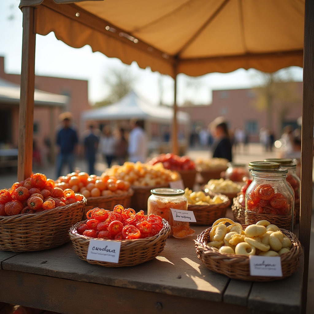 Puesto de feria de productores con frutas y verduras deshidratadas exhibidas en canastos
