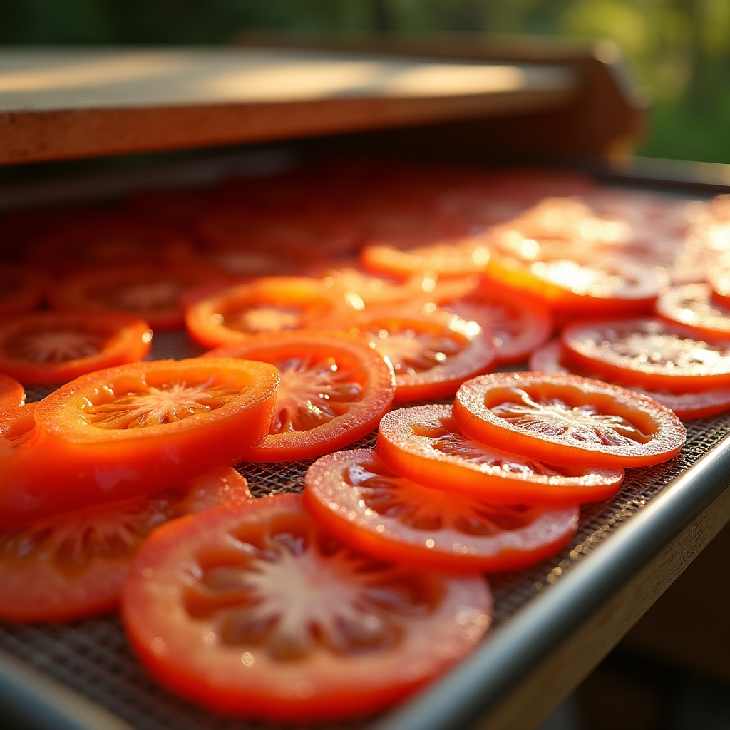 Tomates deshidratándose al sol sobre bandeja de malla